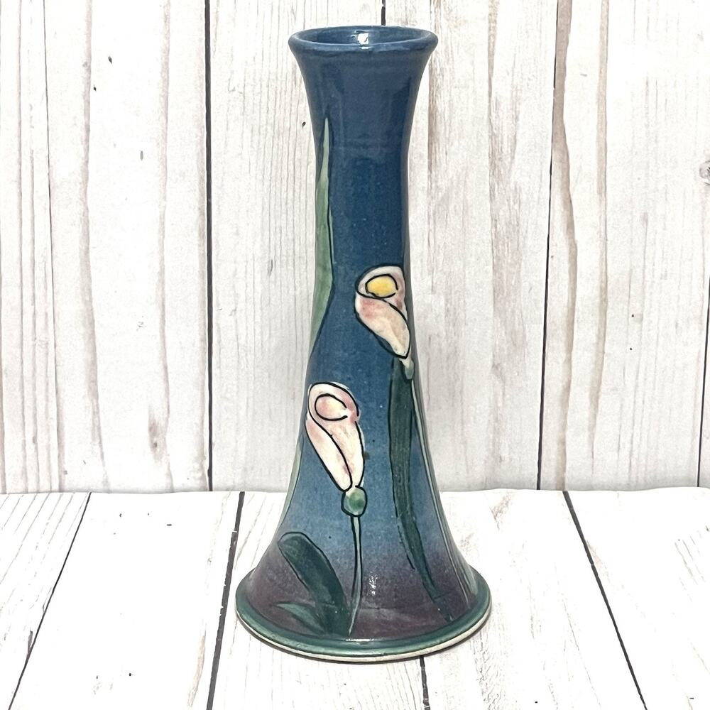 L. Berman Studio Pottery Vase Hand Thrown Signed Calla Lily Floral Art Design